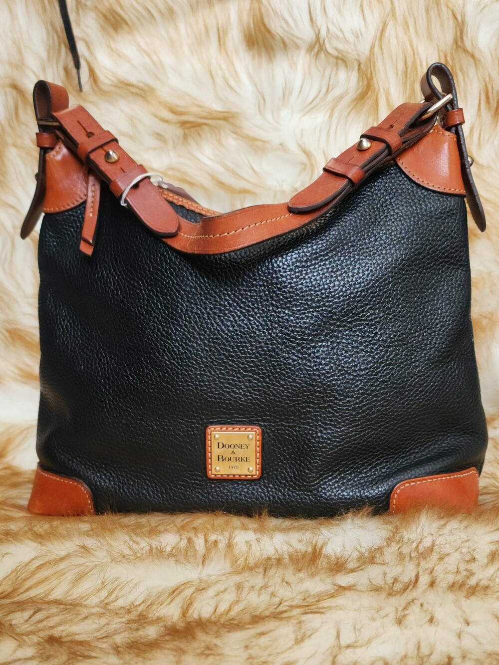 Dooney & Bourke Black Pebbled Leather Hobo with Brown Trim